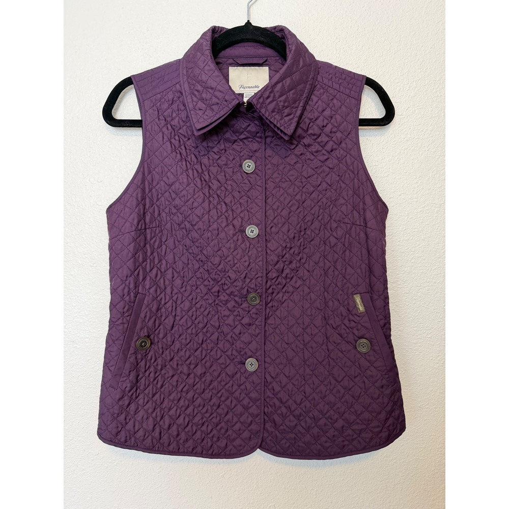 Faconnable Womens Quilted Vest Purple Button Front Water Resistant Size S